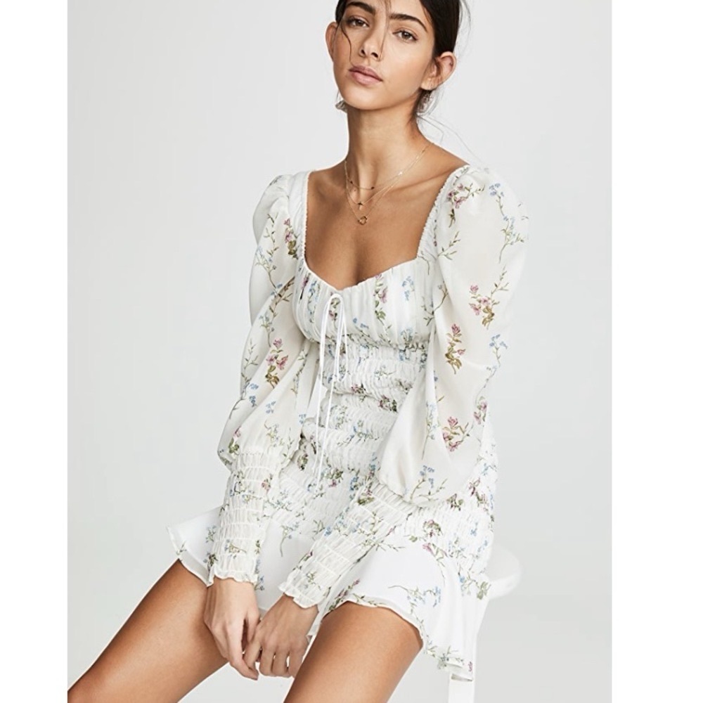 For Love & Lemons White Floral Smocked Puff-Sleeve Top